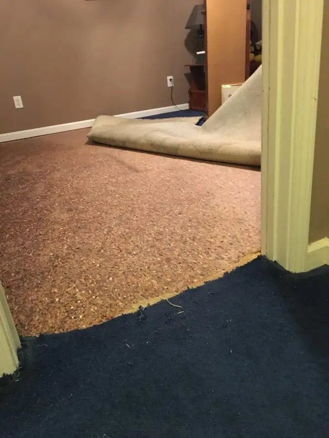 Carpet pad removal revealing water damage during Water Mitigation Services in Waynesville